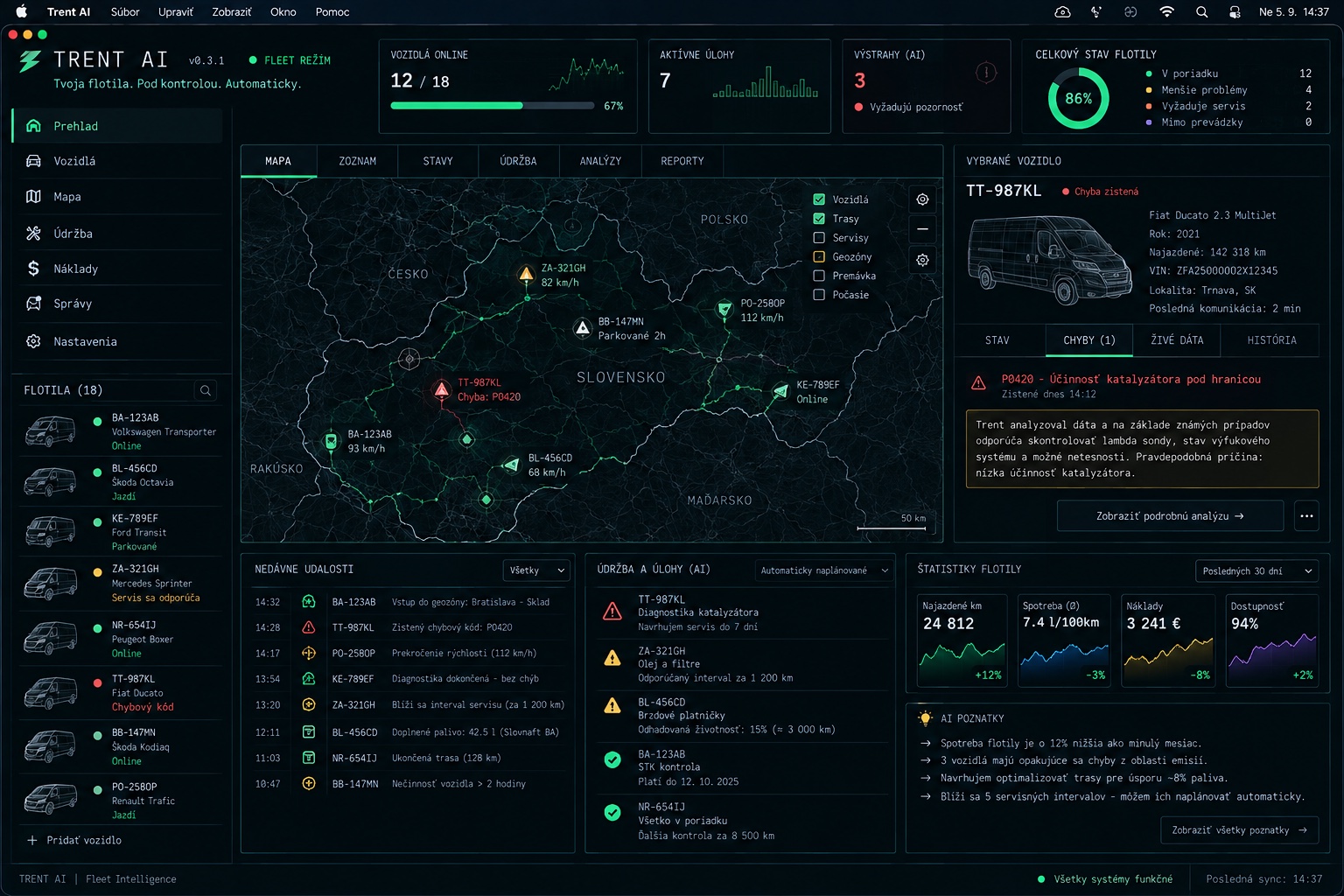 Aplikácia TRENT AI vo fleet režime: mapa vozidiel, výstrahy, údržba a štatistiky flotily